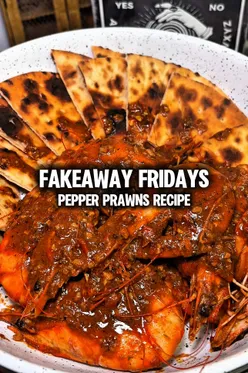 Delicious pepper prawns served as a fakeaway Friday dish, showcasing vibrant Caribbean flavors.