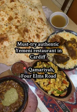 Delicious Yemeni dishes at Qamariyah in Cardiff, featuring lamb mandi, fahsa, and homemade mulawah bread.