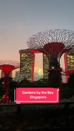 Visitors marvel at the glowing Supertrees and lush scenery in Gardens by the Bay, Singapore, during sunset.
