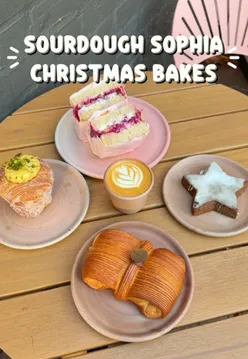 Festive bakes by Sourdough Sophia: Baileys pastry bow, Boxing Day sandwich, pistachio cronut, and giant Lebkuchen.