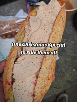 Festive feast at Fresh Baguette in Cardiff: turkey, stuffing, and cranberry with dunking gravy for a holiday treat.