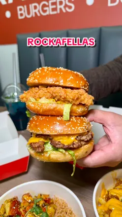 Delicious burgers served at Love Rockafellas in Marston Green, Birmingham, showcasing halal food options.