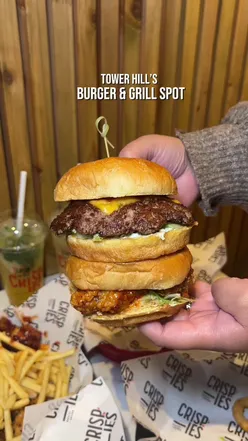 Delicious burger and loaded fries at Crispies, Tower Hill, Central London. Big portions in a prime location!