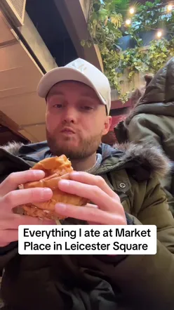 Vegan rib taco and burger at Marketplace Food Hall, Leicester Square, London, great lunch spot with diverse choices.