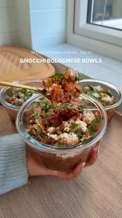 Gnocchi Bolognese Bowl featuring lean beef, veggies, and Parmesan, perfect for healthy comfort dinners.