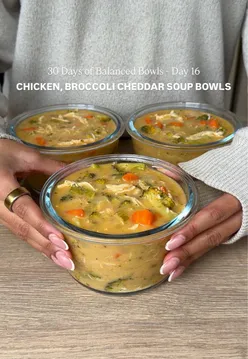 High protein chicken and broccoli cheddar soup bowl, perfect for a filling meal prep on Day 16 of 30 Balanced Bowls.