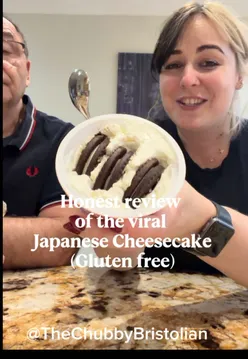 Gluten-free review of viral Japanese cheesecake, featuring comments on texture and taste by the reviewer and dad.