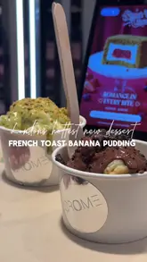 A short, punchy video showcasing the preparation and serving of a French toast banana pudding dessert. The video uses tight, high-quality close-up shots to focus on the texture and toppings of the dish, effectively creating a 'food porn' style aesthetic that is highly shareable.