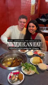 A couple visits a hotpot restaurant in London, showcasing the unlimited food and drink buffet, the sauce station, and the hotpot cooking experience.