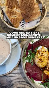 A creator visits Joice in Balham, showcasing their Turkish eggs, dirty chai, fresh orange juice, and peanut butter stack cake. The video highlights the dining experience and mentions using the EatClub app for a discount.