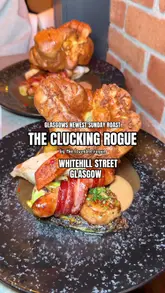 A promotional video showcasing the new Sunday roast menu at The Clucking Rogue in Glasgow, featuring close-ups of various dishes including starters, the main roast, and desserts.