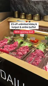 A promotional video showcasing the food and buffet options at a new DAIU branch in Wembley, highlighting an opening discount for unlimited hotpot and Korean BBQ.
