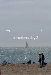 A fast-paced 'what I eat in a day' vlog following a group of friends in Barcelona. The video features visits to a bakery for pastries and coffee, followed by a lunch at a restaurant serving tapas-style dishes like steak tartare, croquettes, and risotto. The editing is energetic, capturing the social atmosphere and the food.