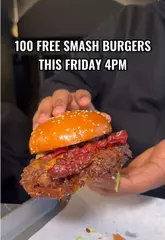 BUR & GUR's juicy smash burgers, crispy tenders, and fries, promoting their grand opening event with free burgers in SW11.