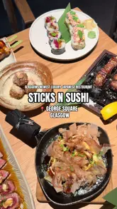 A short, edited montage showcasing various dishes and the interior of the newly opened Sticks'n'Sushi restaurant in Glasgow. The video features close-up shots of sushi, skewers, and desserts, accompanied by text overlays identifying the dishes.
