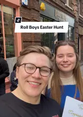 Two creators participate in an Easter-themed scavenger hunt event at Roll Boys in Shoreditch. The video follows their journey as they solve riddles, visit various locations, and ultimately win a cinnamon roll, highlighting the fun, competitive nature of the event and the product.