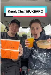 Two creators review food from Karak Chaii in Hounslow, trying a chicken tikka naan melt, chilli chicken fries, and a keema rice bowl while sitting in their car.