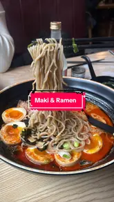 A couple visits a Japanese restaurant called Maki & Ramen with a friend, showcasing various dishes including ramen, sushi, gyoza, and desserts. The video features a humorous narrative about learning to use chopsticks and highlights the restaurant's 'protein ramen' option.