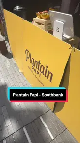 A review of a street food stall called Plantain Papi at the Southbank Centre, showcasing their plantain-based menu including cheesy beef plantain balls, loaded fries, and churros.