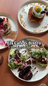 A video review of Els Cafe & Bistro in London, featuring a variety of brunch dishes including a Mediterranean breakfast, avocado toast, chicken and waffles, and pancakes, along with coffee drinks.