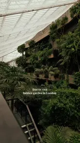 A montage of clips showcasing the Barbican Conservatory in London, highlighting its tropical plants, indoor pond, and brutalist architecture.