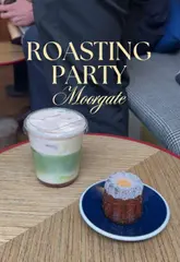 A short, aesthetic montage showcasing Roasting Party in Moorgate, highlighting their speciality coffee, matcha drinks, and pastry selection in a modern, relaxed setting.