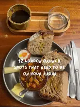 A top-down shot of a simple brunch plate featuring sourdough bread, a soft-boiled egg, and a small pot of chutney, accompanied by a cup of coffee and a glass of water. The image serves as a background for a listicle-style text overlay promoting London brunch spots.