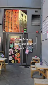 A fast-paced, engaging reel showcasing a bottomless brunch experience at Mans Market. The video features a variety of shots including the venue interior, the extensive drinks menu, and generous portions of Chinese-style sharing platters and mains.