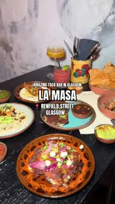 A montage showcasing the food and drink menu at La Masa, a Mexican taco bar in Glasgow, featuring close-ups of tacos, corn ribs, tortilla chips, and cocktails.
