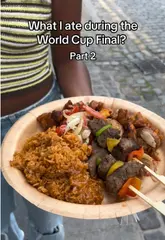 A fast-paced, engaging video showcasing a variety of food items enjoyed during a World Cup final screening event in London. The creator highlights different dishes, including jerk chicken, rice, and plantain, while capturing the lively atmosphere of the watch party.
