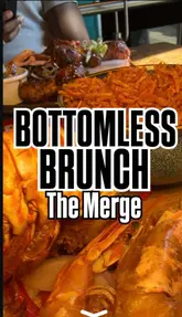 A high-energy, vlog-style review of a bottomless brunch experience at a restaurant called The Merge, featuring a variety of dishes including spring rolls, a seafood platter with jollof rice, unlimited wings, and desserts.
